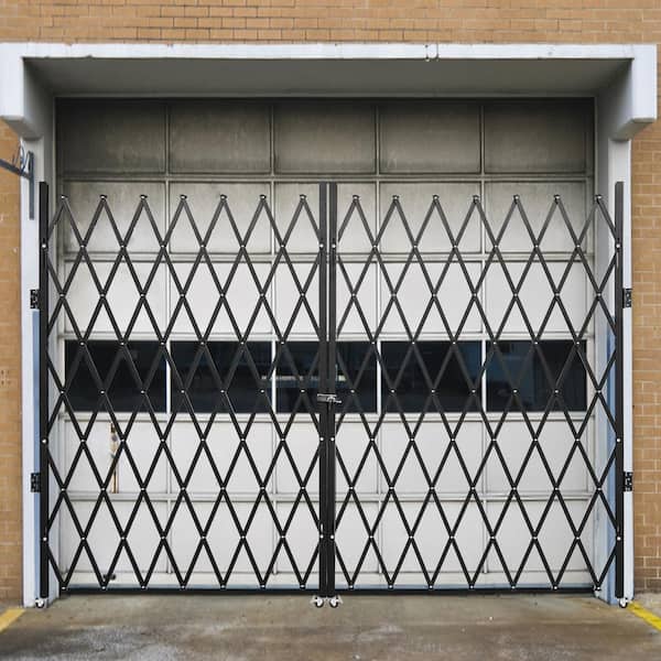 Double Folding Security Gate, 87 in. H x 150 in. W Black Steel Garden Fence Accordion Gate, 360° Rolling Barricade