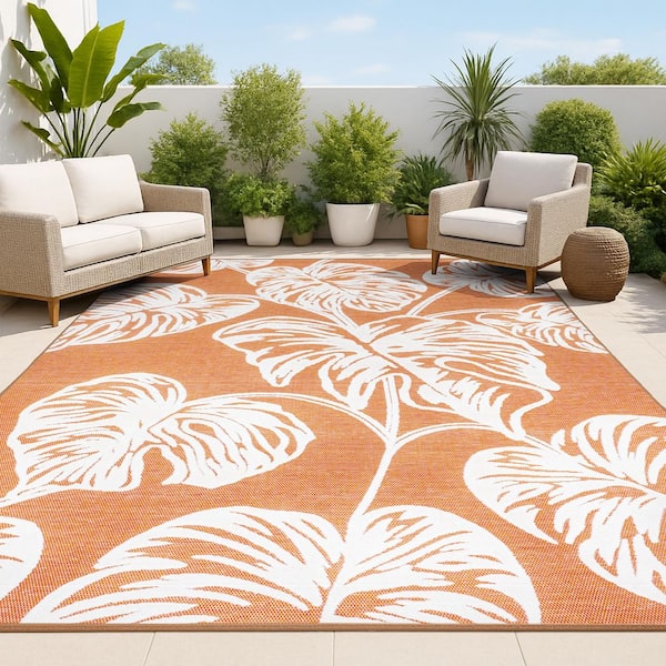 Tobago Approximate Rug Size Orange/Ivory 4 ft. x 6 ft. High-Low 2-Tone Monstera Leaf Indoor/Outdoor Area Rug