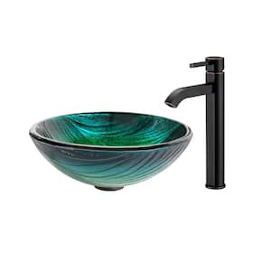 Natura 17 in. Round Vessel Bathroom Sink in Green Glass with Ramus Faucet in Oil Rubbed Bronze