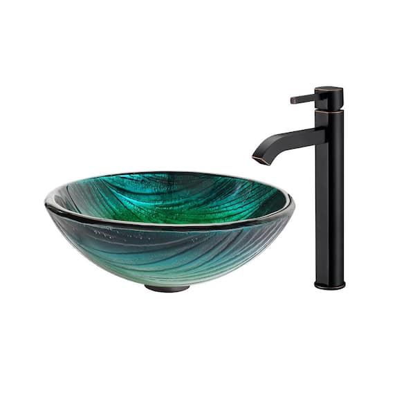 KRAUS Natura 17 in. Round Vessel Bathroom Sink in Green Glass with Ramus Faucet in Oil Rubbed Bronze