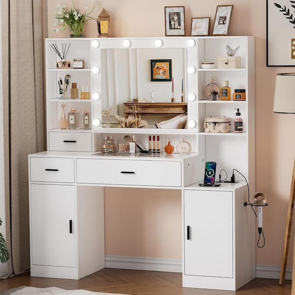 PAKASEPT White Modern Makeup Vanity Dressing Table with Lighted Mirror,10  Bulbs and Power Outlet, With Power Strip and Hooks TTB1046wxx