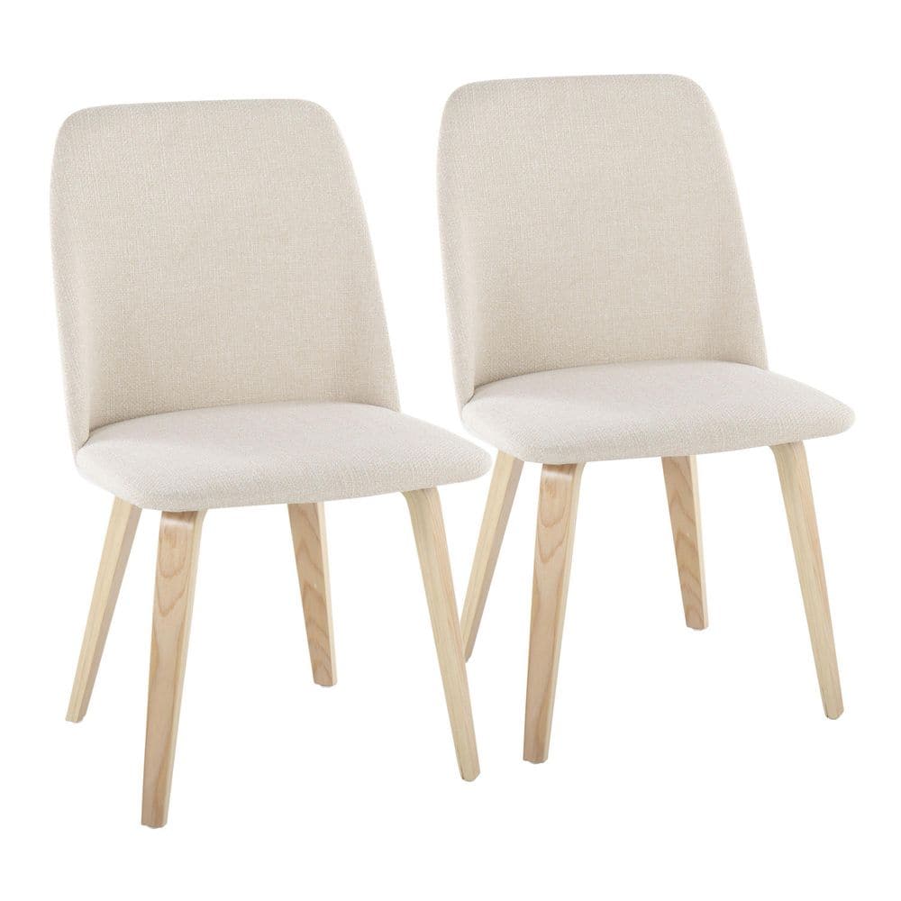 Cream Upholstered Faux Leather Side Chair with Natural Wood Legs