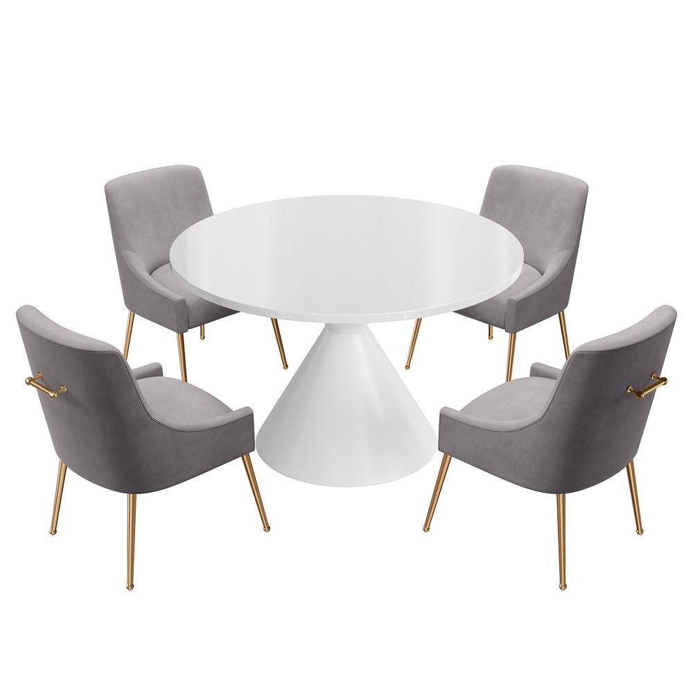 5-Piece Round Stainless Steel White Wooden Top Table Set Seats 4（4 Gray Dining Chairs）