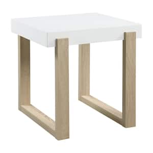 22 in. White High Gloss and Natural Rectangular Wood Top End Table with Sled Base