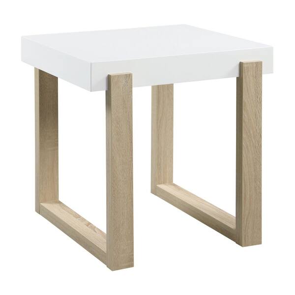 Coaster Home Furnishings 22 in. White High Gloss and Natural Rectangular Wood Top End Table with Sled Base