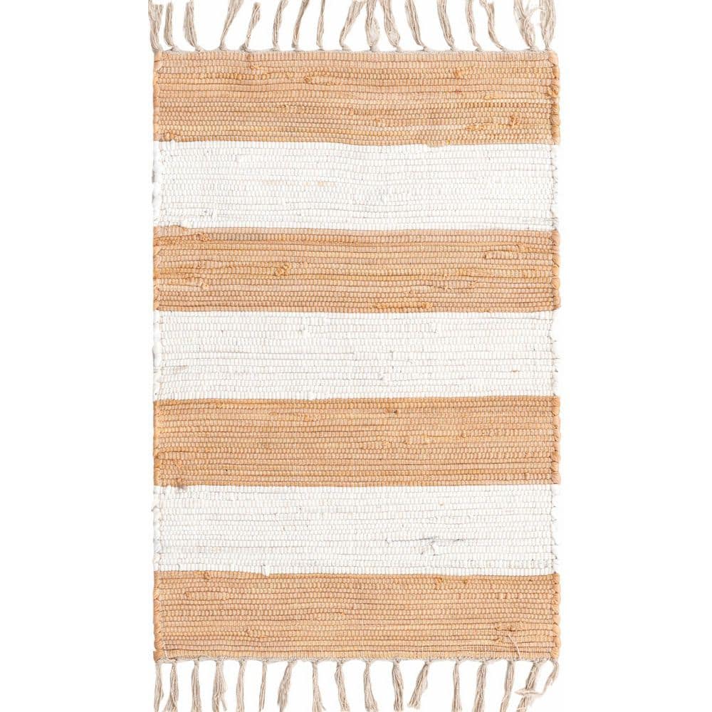 Beige and Ivory Striped Cotton Fringe Accent Rug 2' x 3'