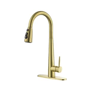 Single Hole Deck Mount Kitchen Faucets with Pull Down Sprayer in Gold