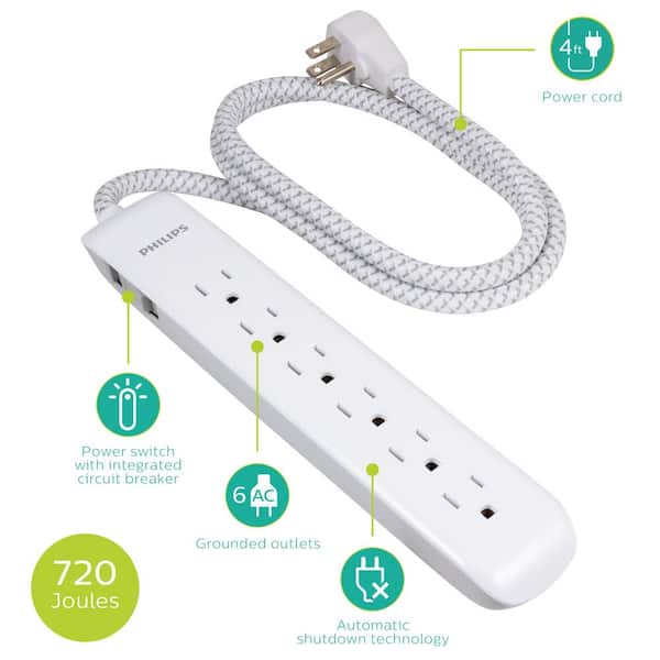 ETL Listed Appliances KF 6-Outlet Power Strip 4Pack Office Equipment and More White Home Theatre Ideal for Computers 2-Foot Long Cord Overload Protection 