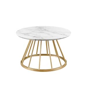 30 in. White Marble/Gold Modern Round Wood-Top Coffee Table with Metal Cage Base