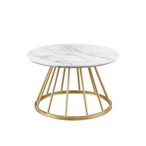 Welwick Designs 30 in. White Marble/Gold Modern Round Wood-Top Coffee ...