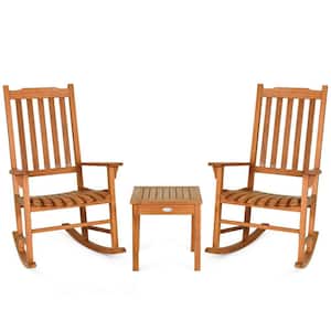 3-Piece Wood Patio Conversation Set Eucalyptus Rocking Chairs With Coffee Table