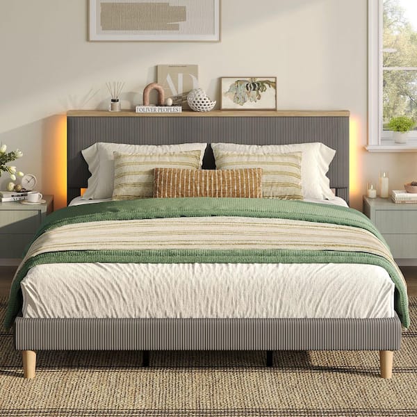 Gray Wood Frame King Size Velvet Upholstered Platform Bed Frame with Storage Headboard and LED Lights