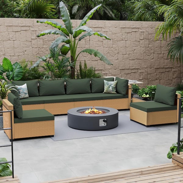 PATIOGUARDER 8-Piece Wicker Patio Conversation Set with Cushions and 42 in. Outdoor Round Fire Pit Table, Pine Green Cushions