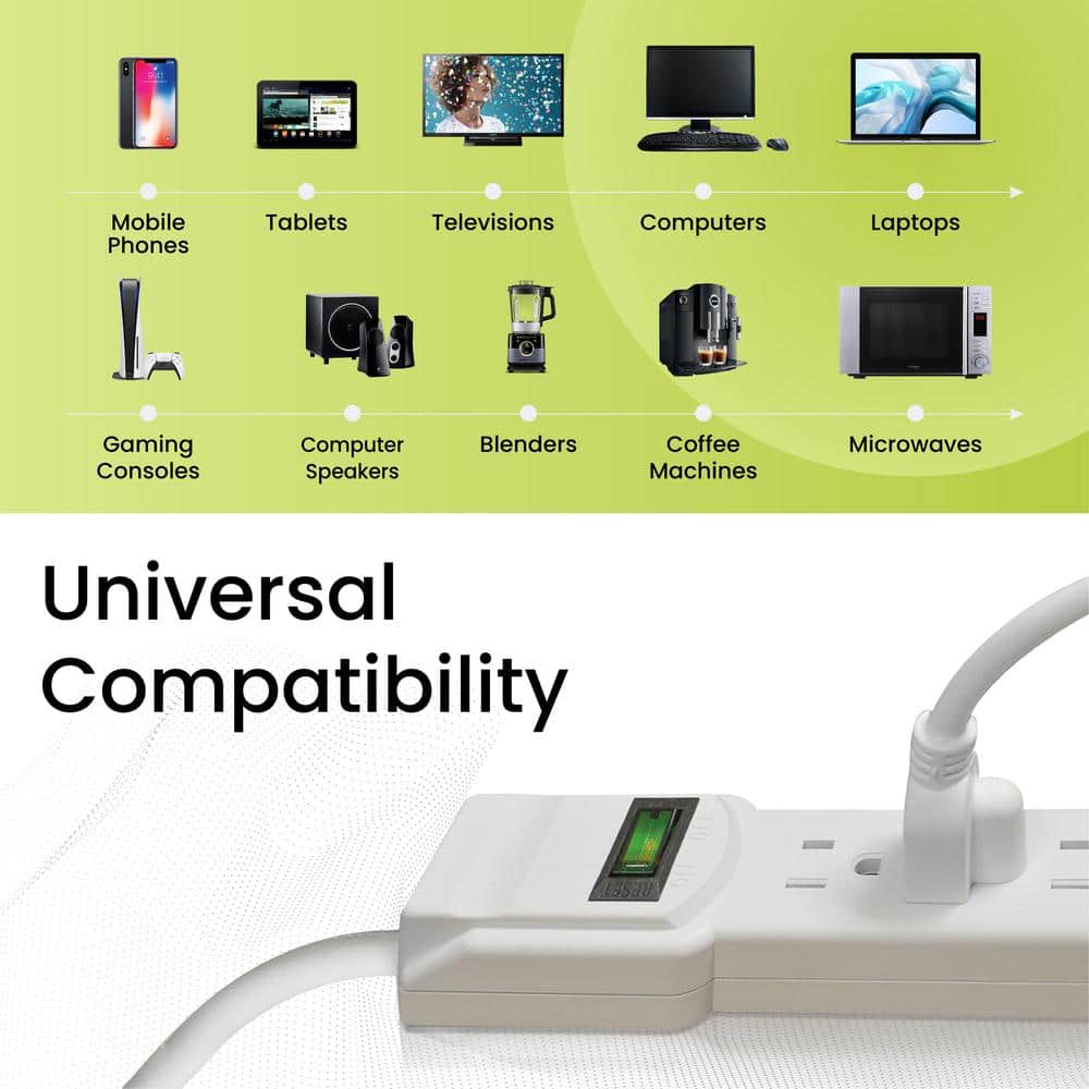 White 3' Cord 6-Outlet Surge Protector with Circuit Breaker