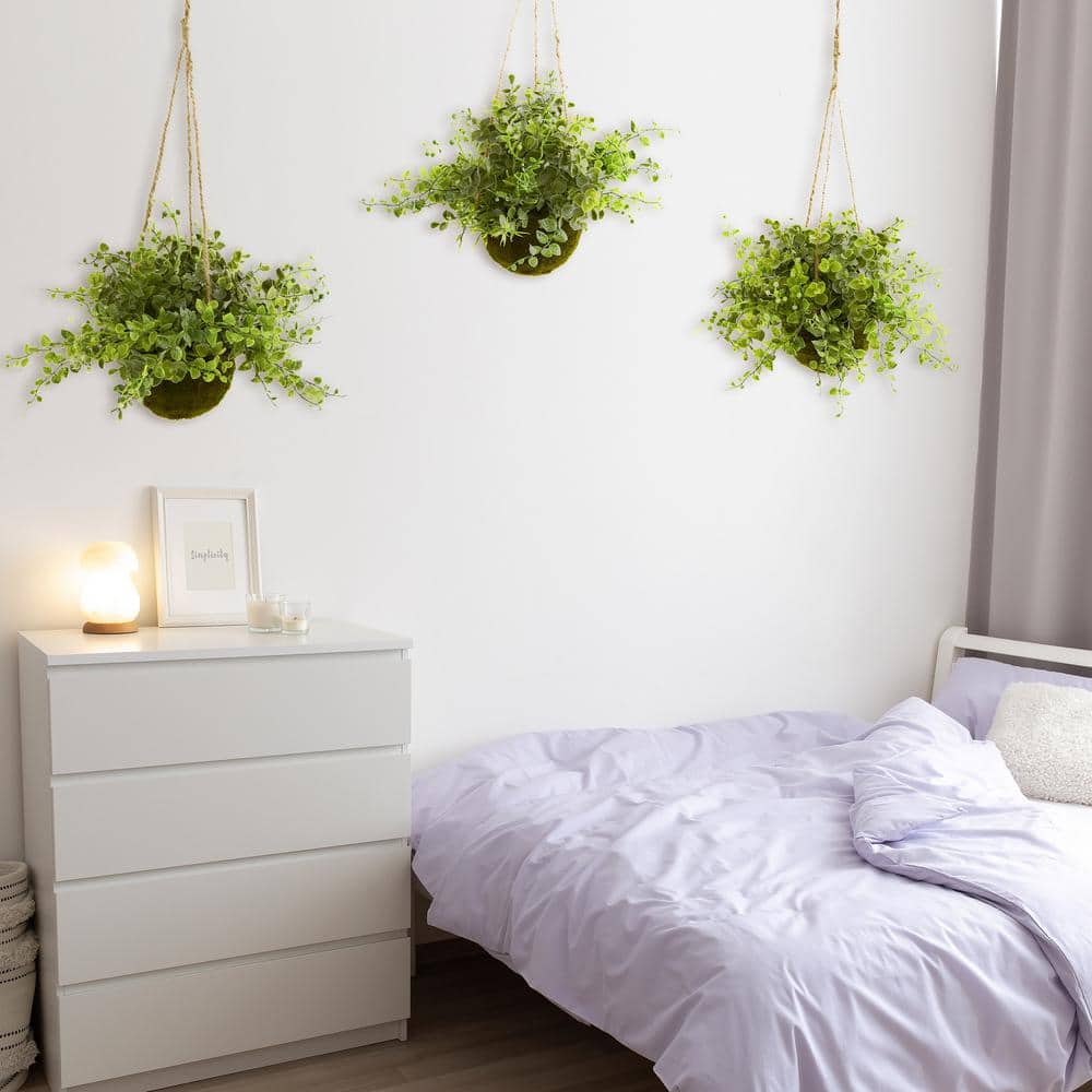 Set of 3 Green Faux Eucalyptus and Maiden Hair Hanging Baskets