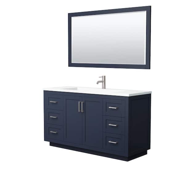 Wyndham Collection Miranda 60 in. W Single Bath Vanity in Dark Blue with Solid Surface Vanity Top in White with White Basin and Mirror