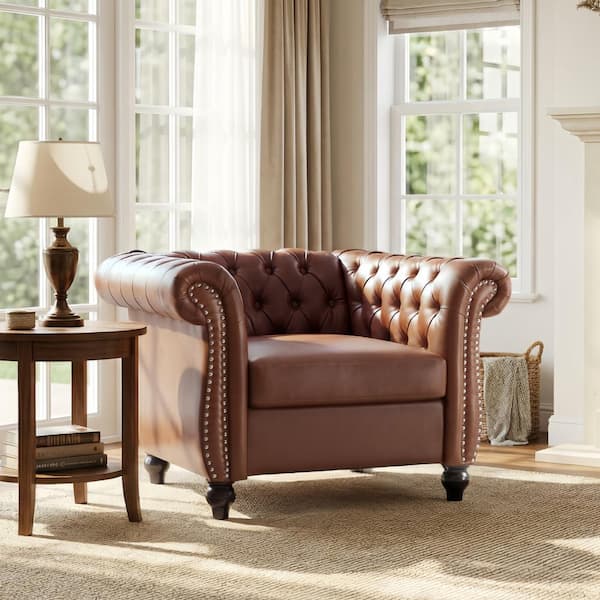 Brown Chesterfield Club Chair with Scrolled Arms, Nailhead Trim, and Solid Wood Legs