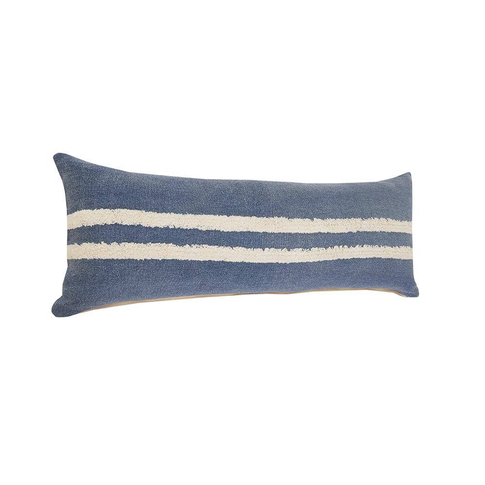 Dusty Blue and White Striped Tufted Lumbar Throw Pillow, 14" x 36"
