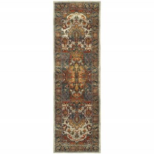 2' X 8' Red Gold Orange Green Ivory Rust And Blue Oriental Power Loom Stain Resistant Runner Rug