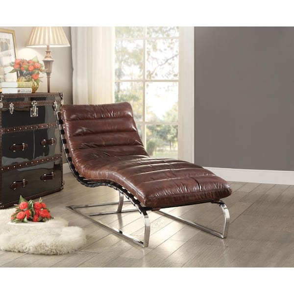 Acme Furniture Qortini Vintage Dark Brown Leather Chaise Lounge 