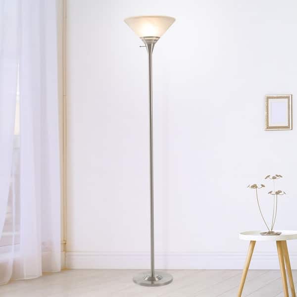 75.5 in. Brushed Silver Metal Torchiere Floor Lamp with Marbleized Glass Shade