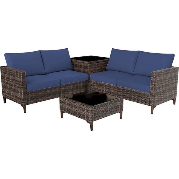 homfan Patio Sectional Brown Wicker 4-Piece, Outdoor Sectional Set, with Cushion in Blue, Coffee Table, Storage