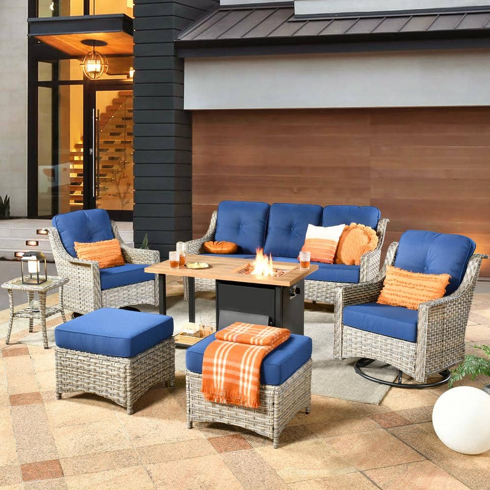 Tulip B Gray 7-Piece Wicker Patio Storage Fire Pit Conversation Set with Swivel Rocking Chairs and Navy Blue Cushions price history on PriceWatchPro