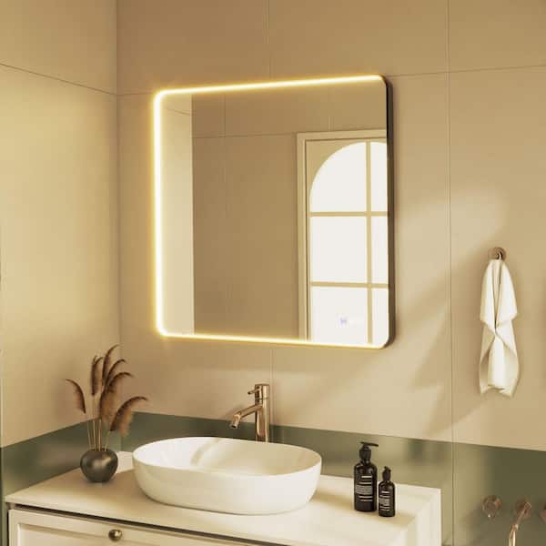 ORGANNICE Framed Light 36 in. W x 36 in. H Rectangular Aluminum Framed LED Makeup Wall Mirror in Black