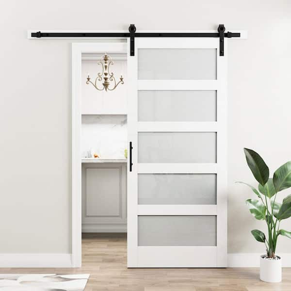 36 in. x 96 in. 5-Lites with Frosted Glass White MDF Sliding Barn Door with Hardware Kit (Soft Close Include)
