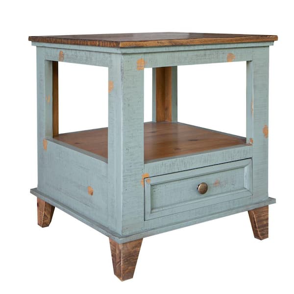Benjara 22.75 in. Blue and Brown Rectangle Wood End Table with One Drawer