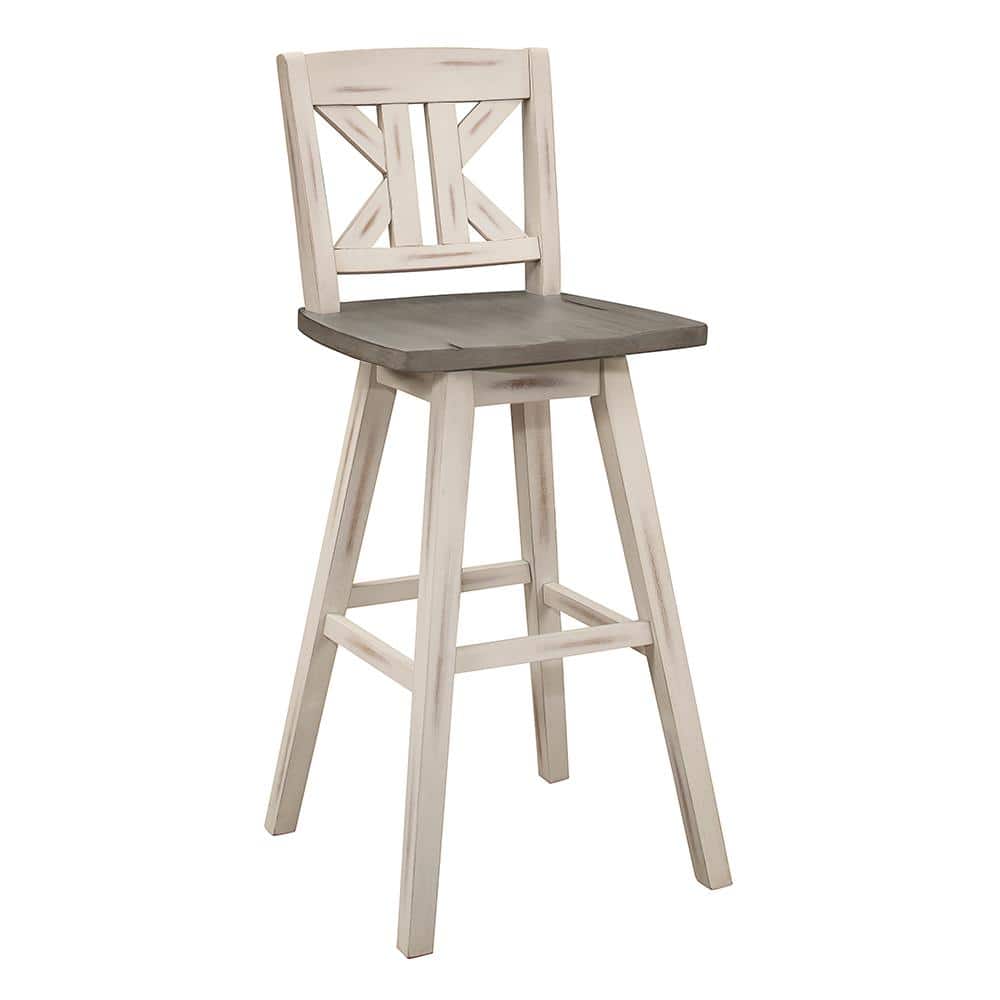 Distressed Gray and White Swivel Rubberwood Bar Stool