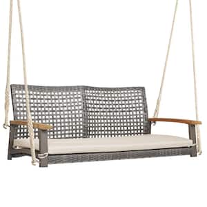 2-Person Patio Wicker Hanging Swing Chair with Off White Cushion
