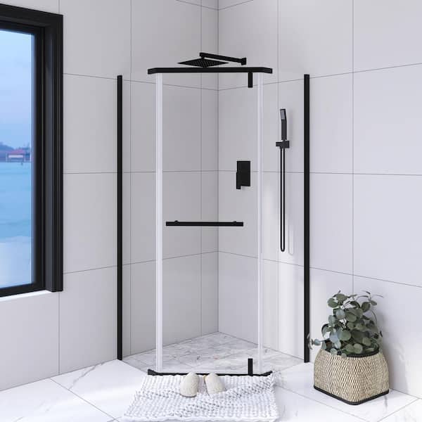 JimsMaison 36 in. W x 72 in. H Neo-Angle Pivot Semi Frameless Corner Shower Enclosure in Matte Black
