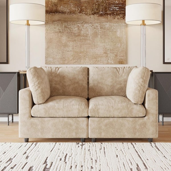 Modern Deep Seat 67 in. Square Arm Chenille Modular Sofa Love Seat Cloud Couch with Detachable Cover for Office in Khaki