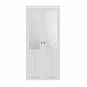 36 in. x 80 in. 1/2-Lite Frosted Glass Solid Core White Finished Glass (Pivot French) Bi-Fold Door with Pivot Hardware