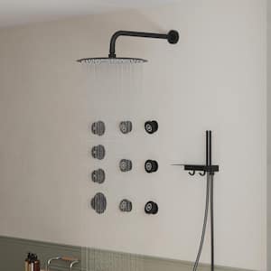 7-Spray Patterns with 12 in. Wall Mount Dual Shower Heads with 6-Body Jets in Matte Black (Valve Included)