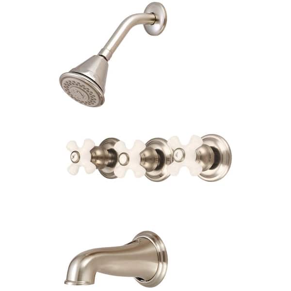 Central Brass 8968-B3-BN Triple Handle 4-Spray Tub and Shower Faucet 1.75 GPM in. Brushed Nickel Valve Included