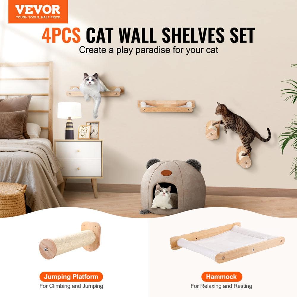 Natural Oak Wall Mounted Cat Shelves with Hammocks and Posts