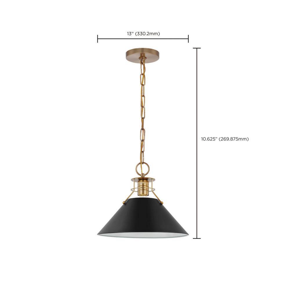 Outpost 13" Matte Black and Burnished Brass Cone Pendant