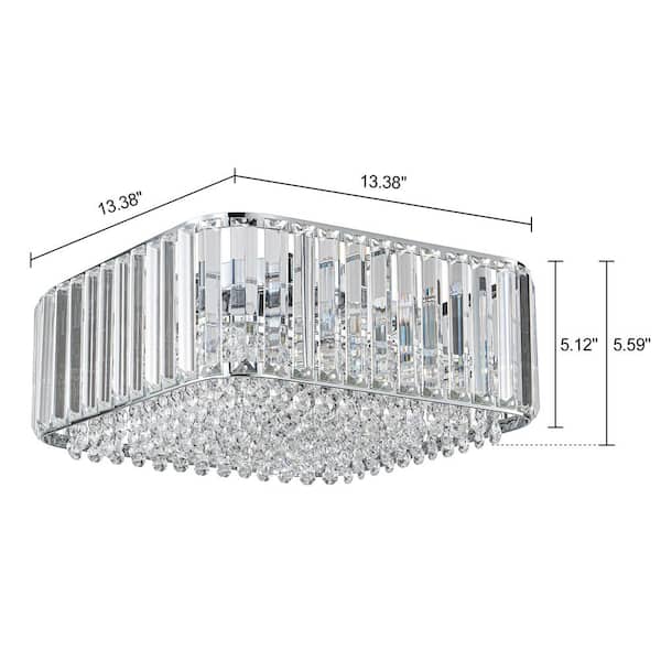 Orillia 13.38 in. 4-Light Chrome Contemporary Square Flush Mount Ceiling Light with Crystal Shade