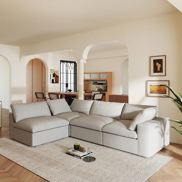 Magic Home 118 in. Square Arm 4-Piece Linen L-Shaped Sectional Sofa Corner Cloud Couch in Gray