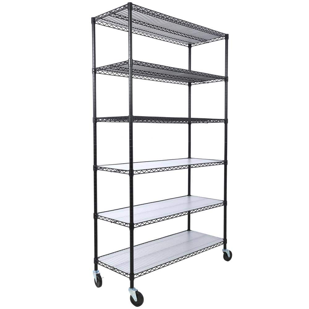 Black Heavy Duty 6-Tier Adjustable Metal Storage Rack with Wheels