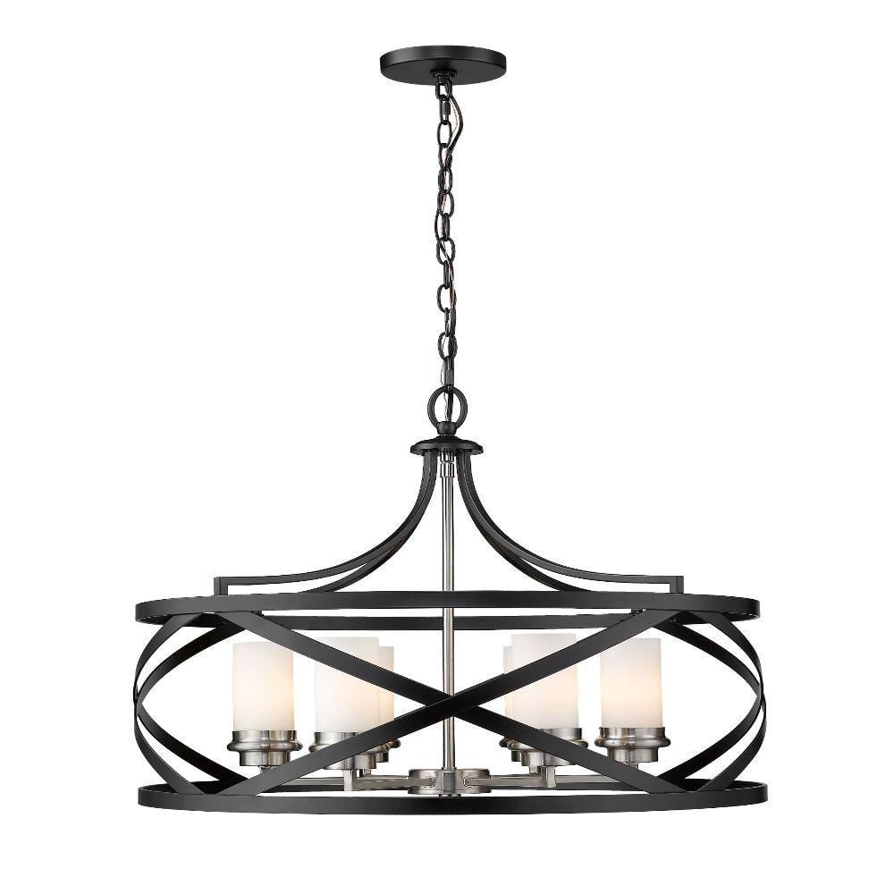 6-Light Matte Black and Brushed Nickel Pendant with White Glass Shade