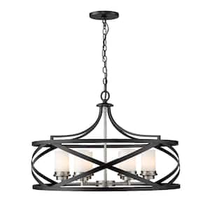 6-Light Matte Black and Brushed Nickel Pendant with White Glass Shade