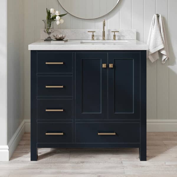 ARIEL Cambridge 37 in. W x 22 in. D x 36 in. H Vanity in Midnight Blue with Carrara White Marble Top