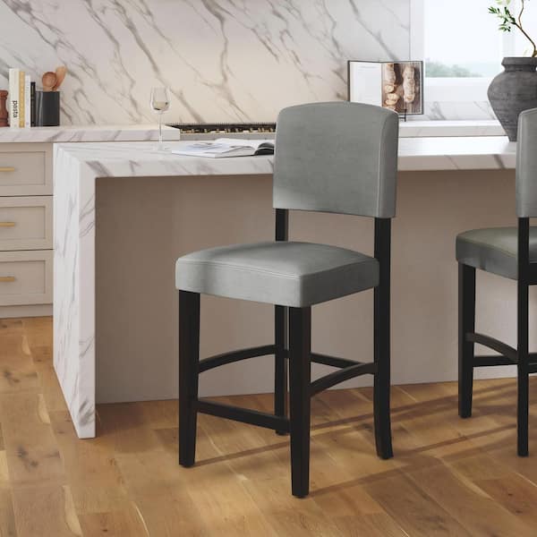 Mary 24 in. Gray Cushioned Back Wood Counter Stool with Faux Leather Seat