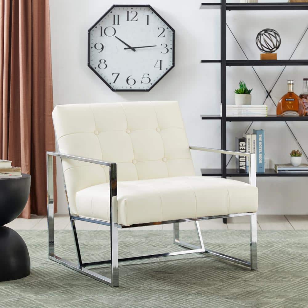 Mid-Century Chrome-Plated White Faux Leather Accent Chair