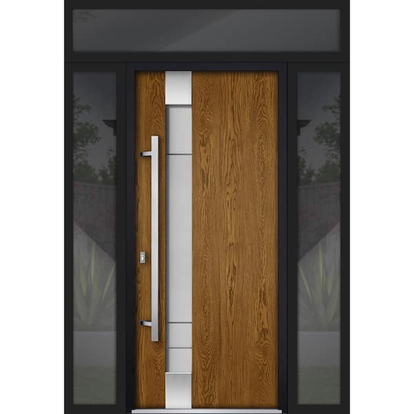 VDOMDOORS 1713 60 in. x 96 in. Right-hand/Inswing 3 Sidelights Frosted Glass Oak Steel Prehung Front Door with Hardware