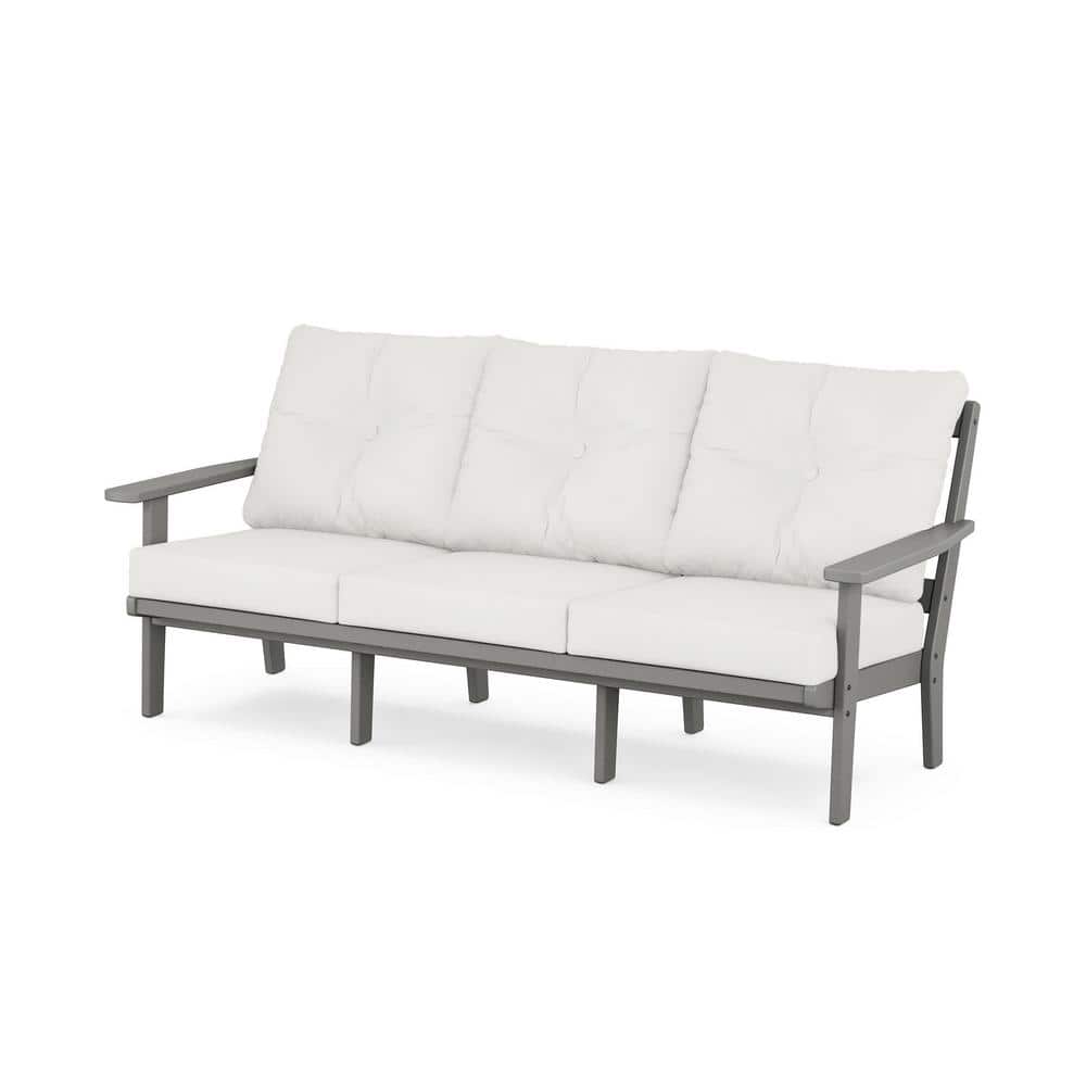 POLYWOOD Prairie Plastic Outdoor Deep Seating Couch in Slate Grey with Natural Linen Cushions
