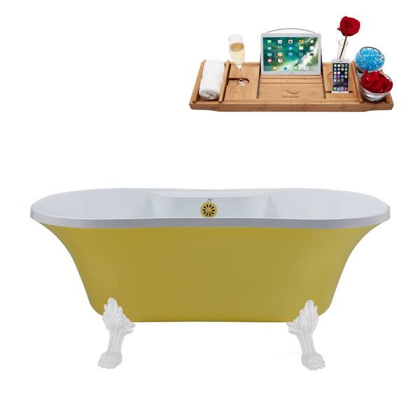Streamline 60 in. Acrylic Clawfoot Non-Whirlpool Bathtub in Matte Yellow With Glossy White Clawfeet And Brushed Gold Drain